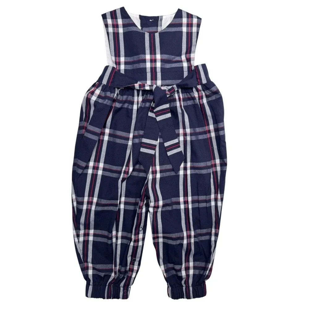 StellyBelly Romper Sz 18M Blue Plaid Front/Back Tie Sleeveless Nautical